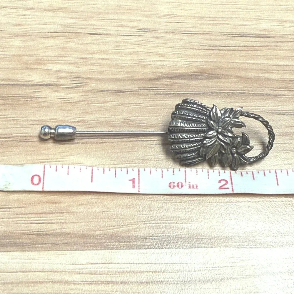 Vintage Sterling Silver‎ Flower Basket Stick Pin Ornate Floral Lapel Hat Pin